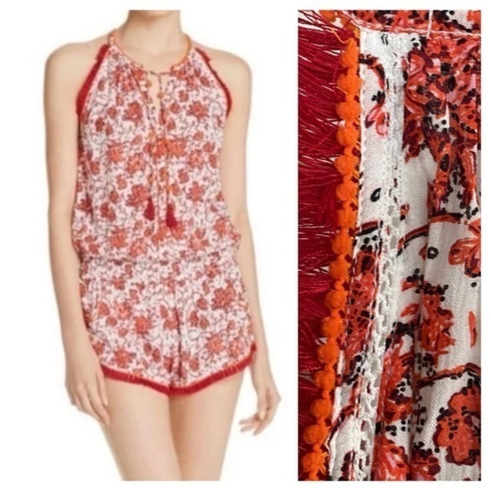 Poupette St. Barth Red Orange Floral Lola Shorts Romper Small